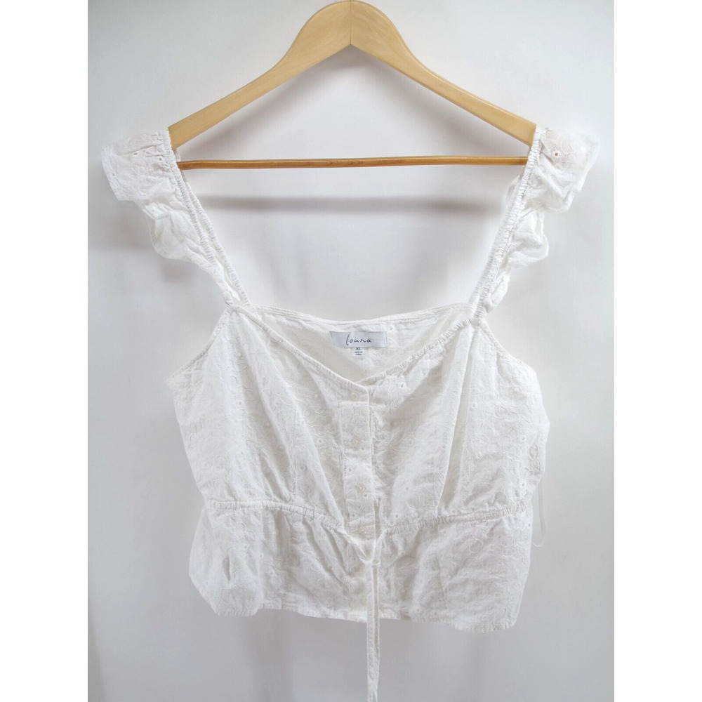 Louna Womens White‎ Eyelet Smocked Top Size XL Midriff